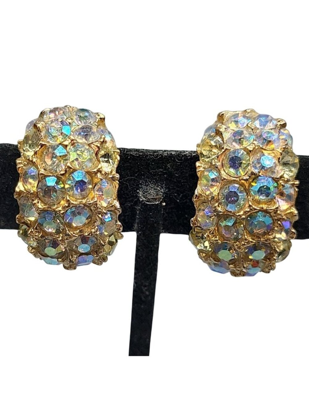 Vintage Aurora Borealis Rhinestone Huggie Clip-On Earrings Half Hoop Gold Plated